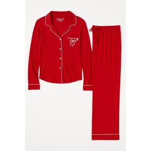 Victoria’s Secret Pajama Set Red Button Up Top XS Satin Trim Bow gift for her